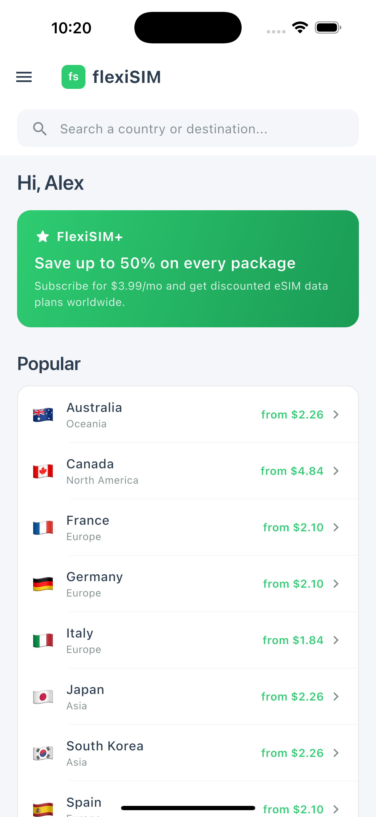 FlexiSIM Popular Countries