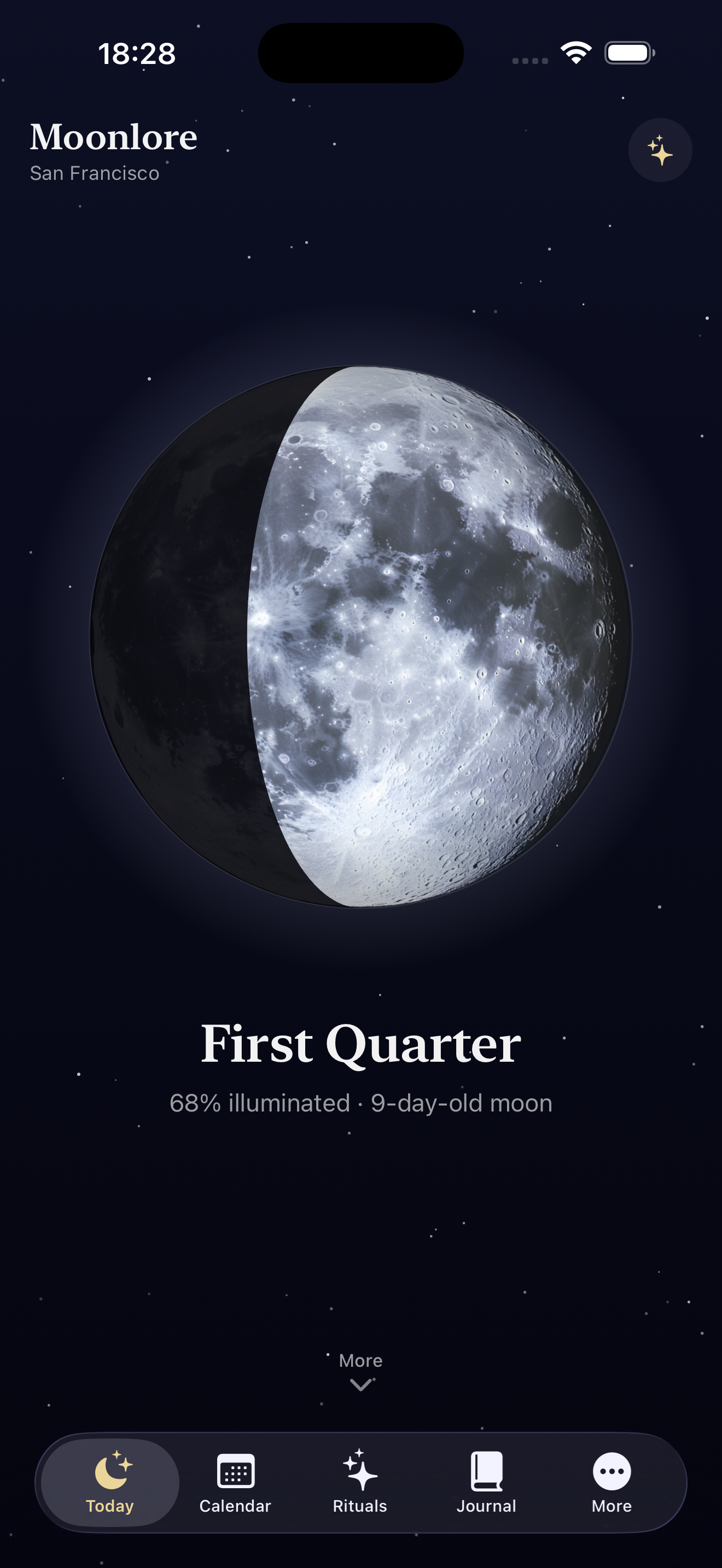 Moonlore Today screen with tonight's moon
