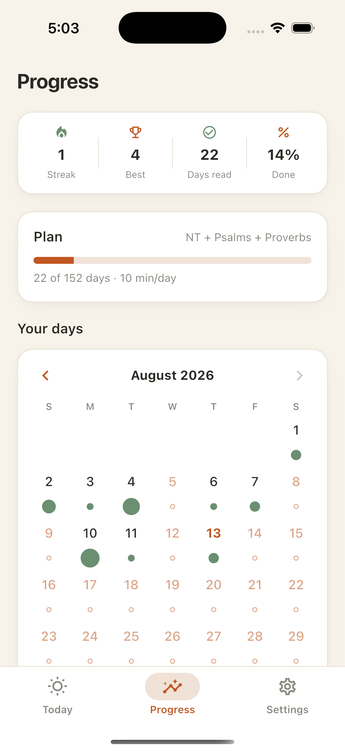 QuietFive progress screen showing reading streak calendar