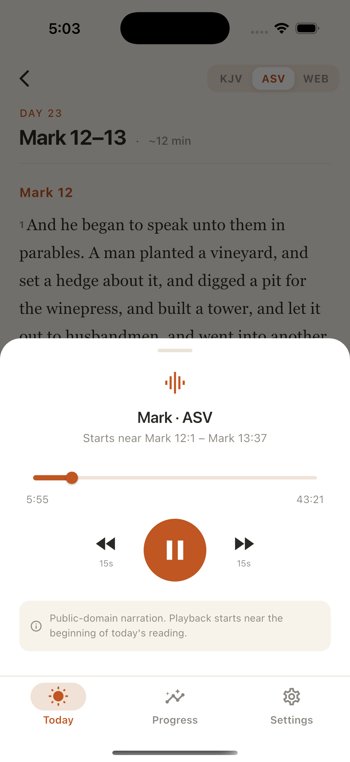 QuietFive audio player showing Bible narration
