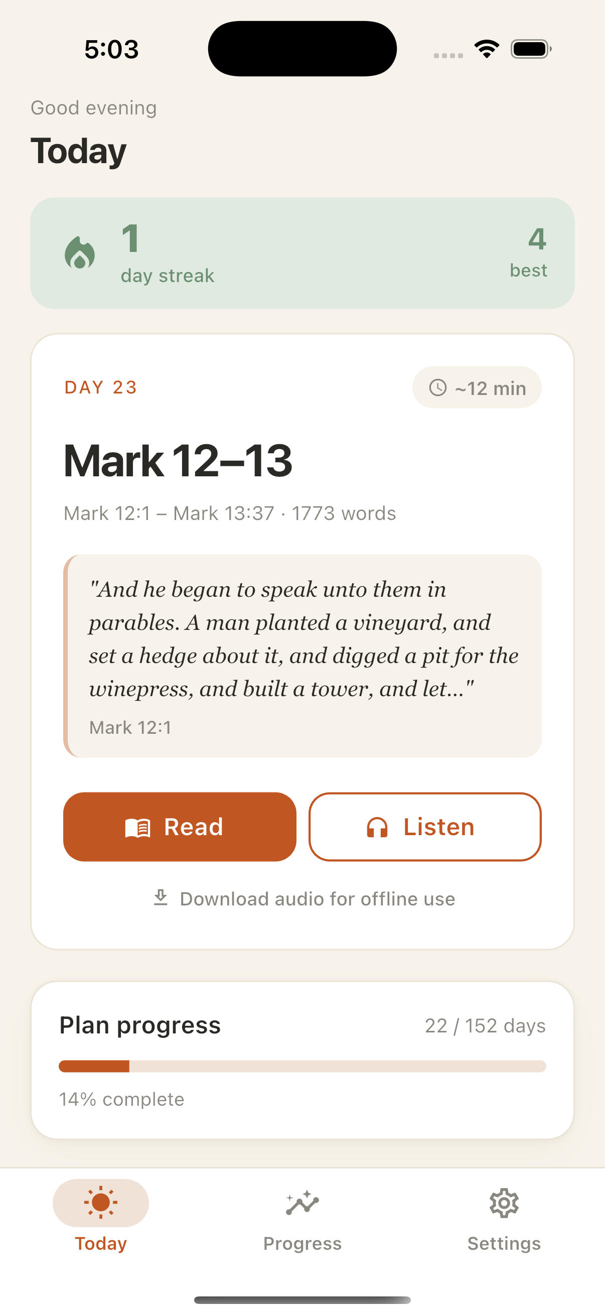 QuietFive today screen showing the daily reading